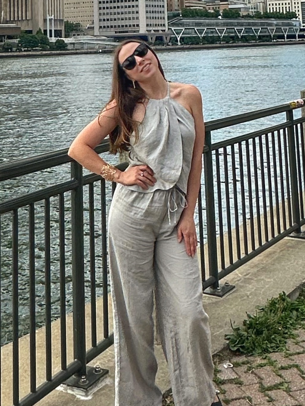Zara Light Gray Halter Neck Linen Matching set (top + pants)